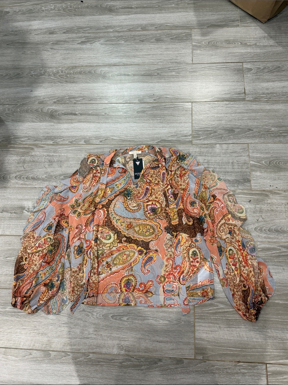 Guess Paisley Print Long-Sleeve Blouse in Coral and Multi S
